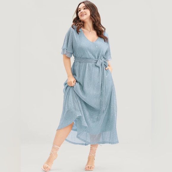 Chiffon, Sparkly Dress, W/ Ruffle Sleeves, Belt, & Pockets, Blue, Size 14-16 1X - Picture 3 of 8